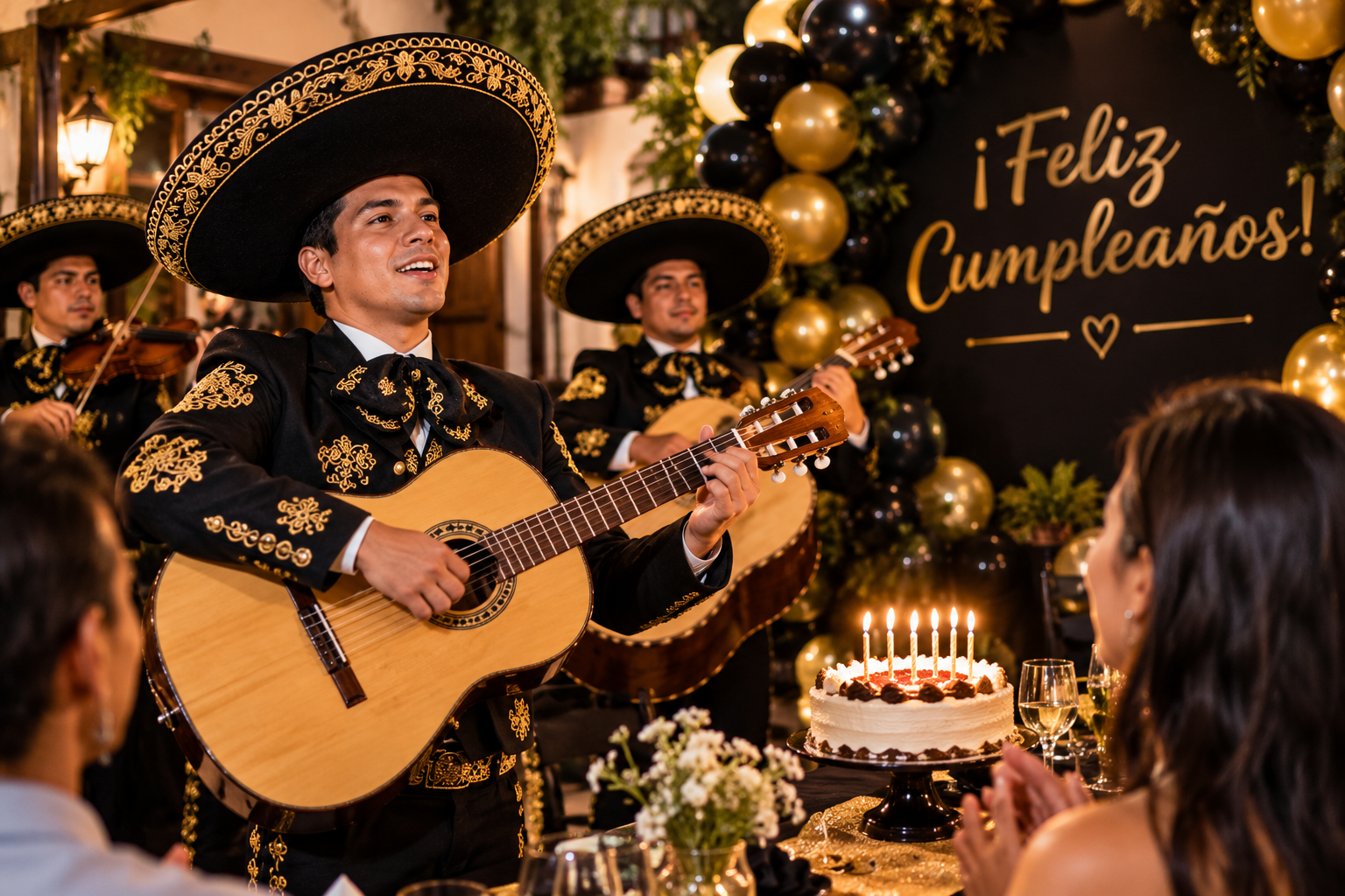 Guitarrista mariachi acompañando una celebración de cumpleaños